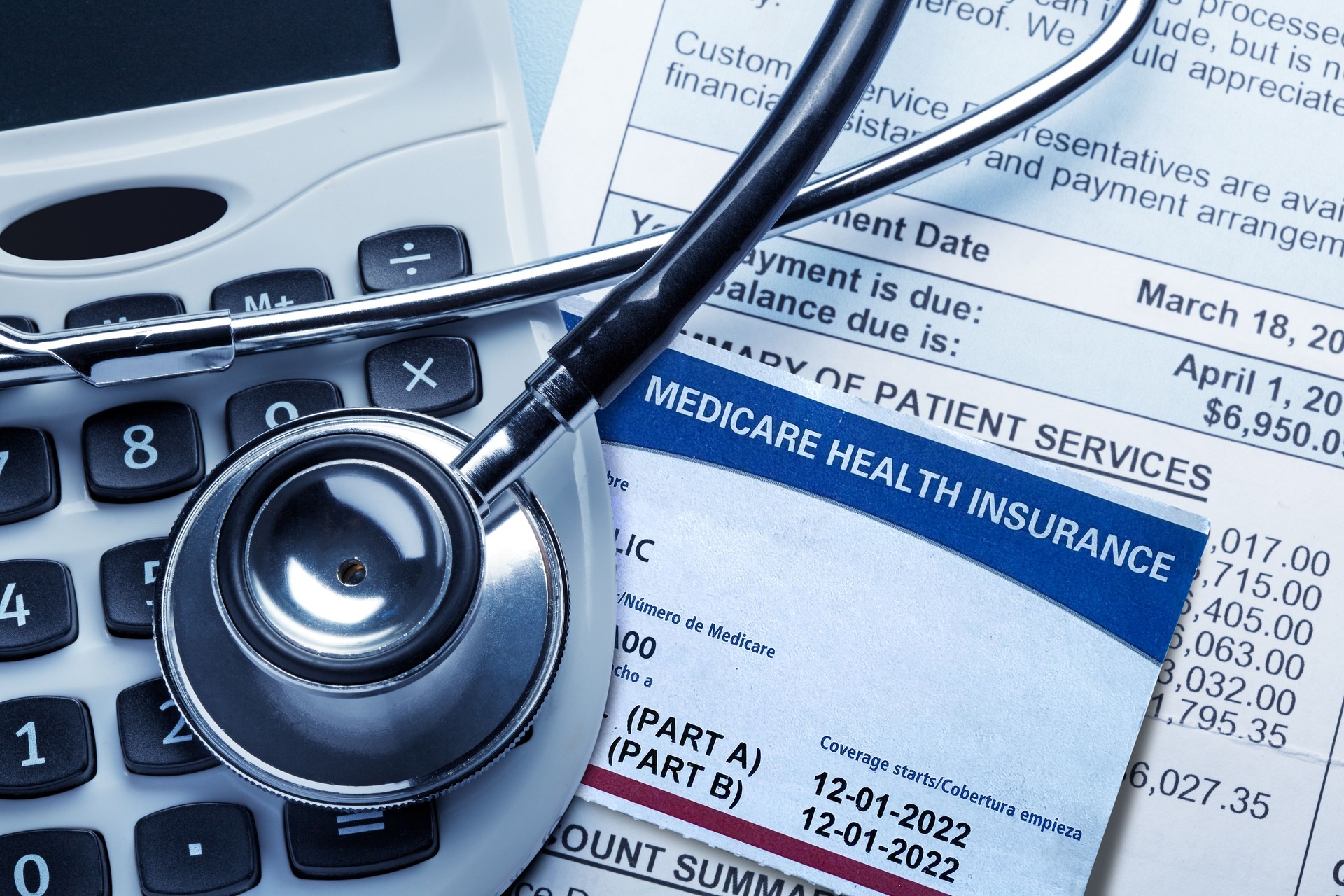 Medicare Insurance Card Stethoscope And Calculator On A Medical Bill